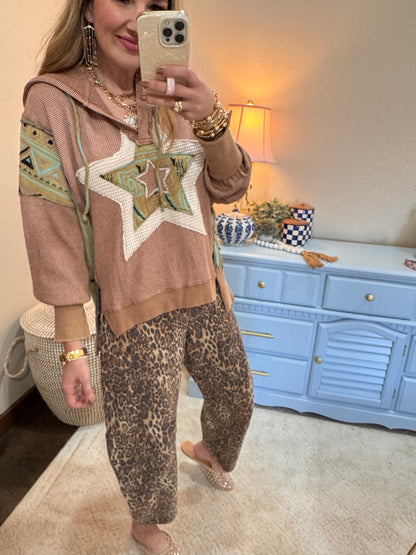 Tan Waffle Knit Mixed Star Patch Drop Shoulder Hoodie Top FS