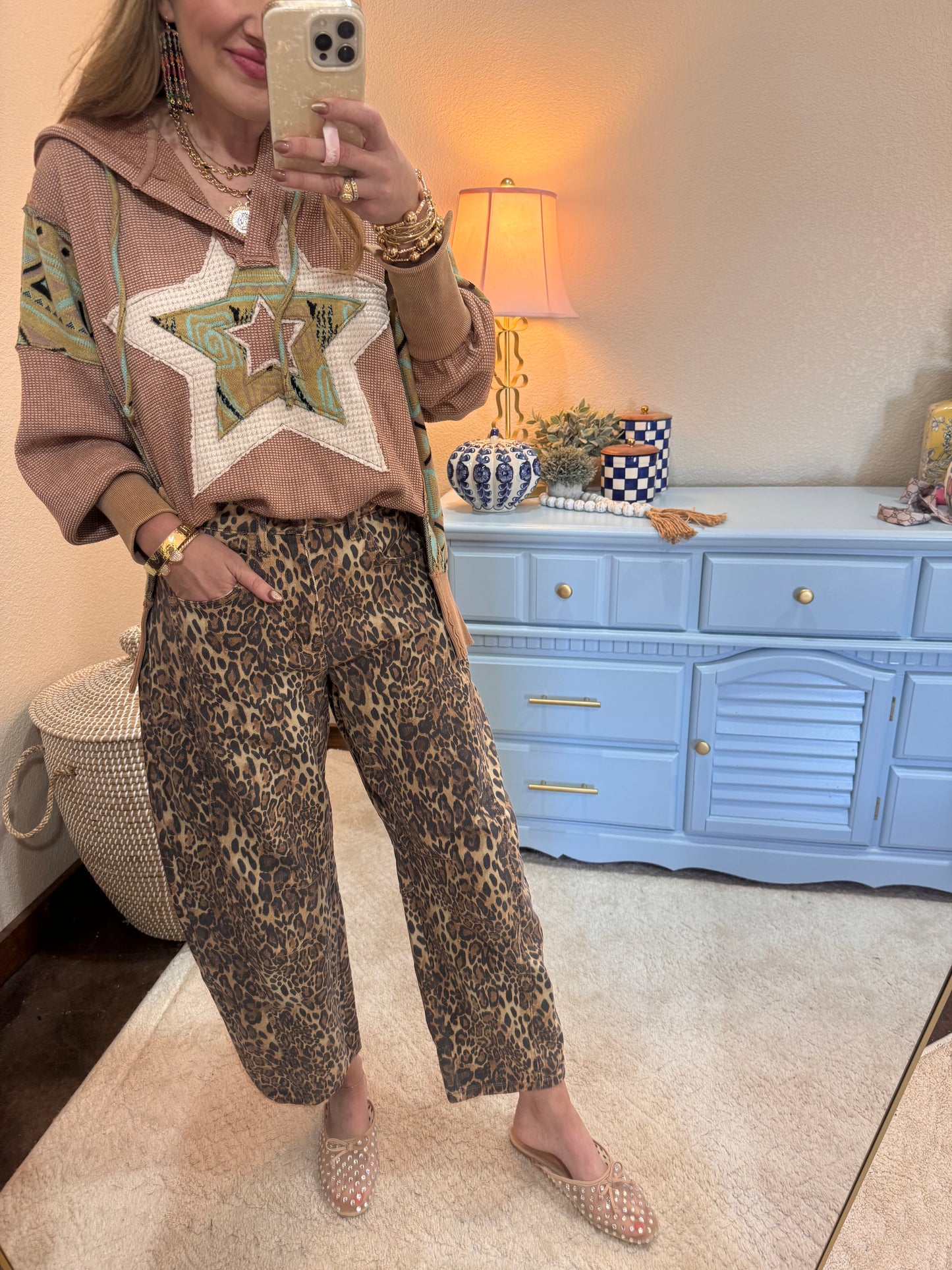 Tan Waffle Knit Mixed Star Patch Drop Shoulder Hoodie Top