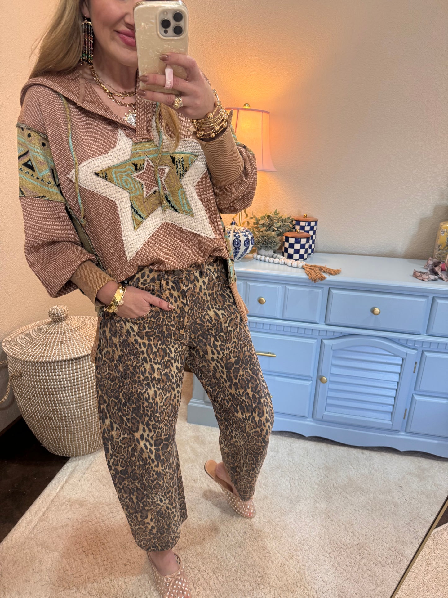 Leopard Mid Waisted Barrel Leg Jeans