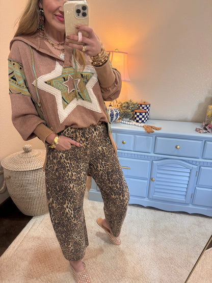 Leopard Mid Waisted Barrel Leg Jeans FS