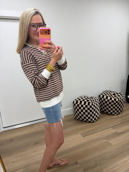 Brown & Cream Striped Rib Banded Pullover