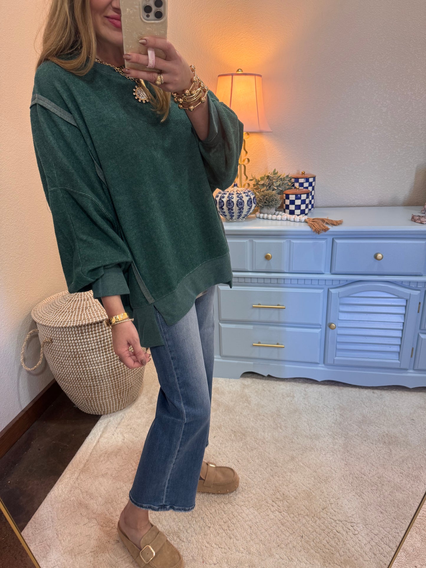 Green Fleece Split Hem Pullover