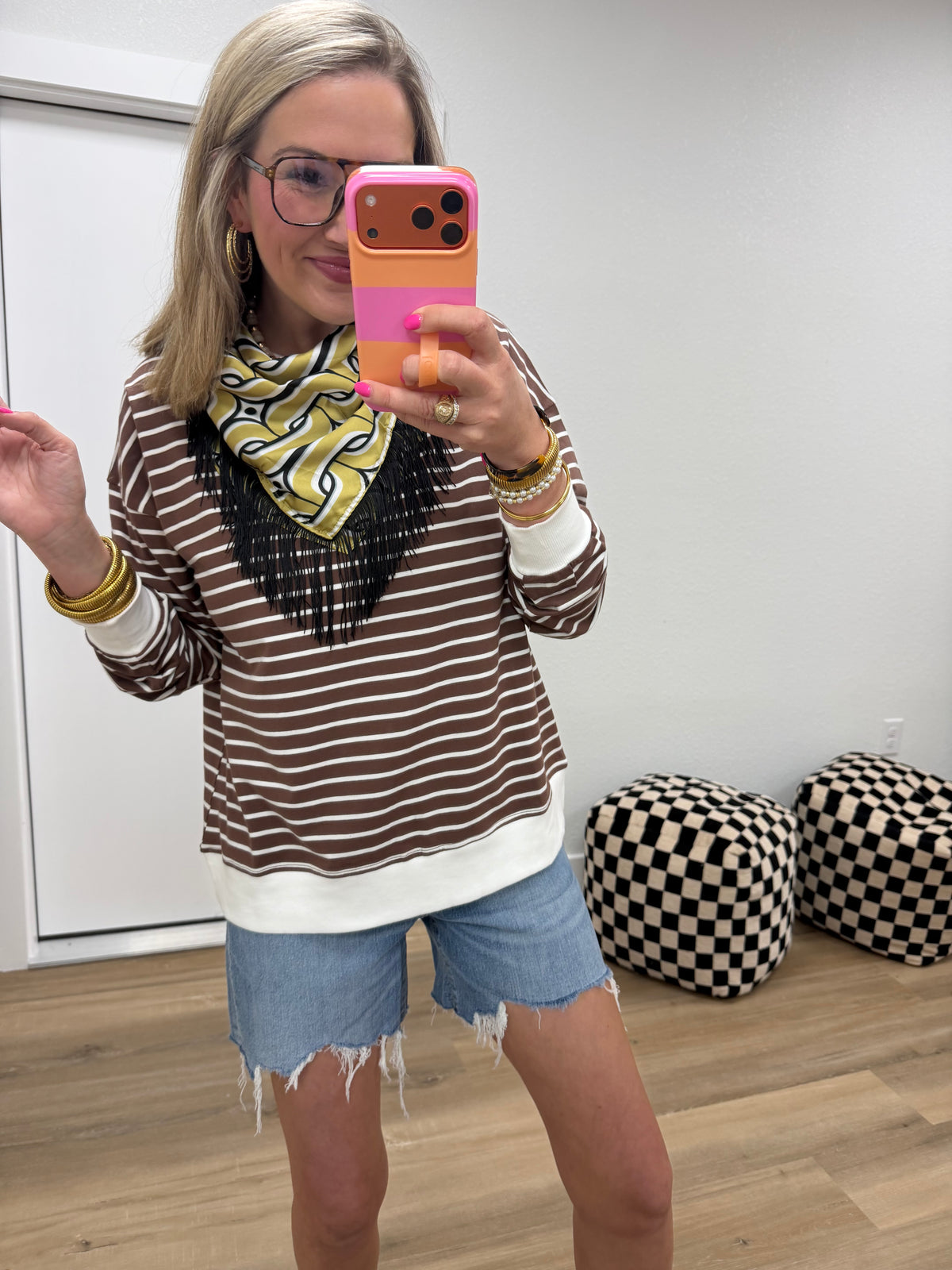 Brown & Cream Striped Rib Banded Pullover