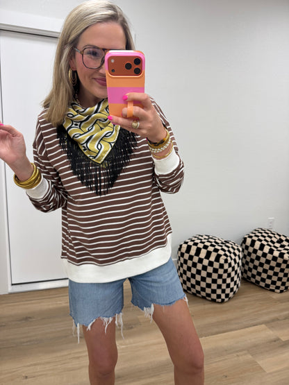Brown & Cream Striped Rib Banded Pullover