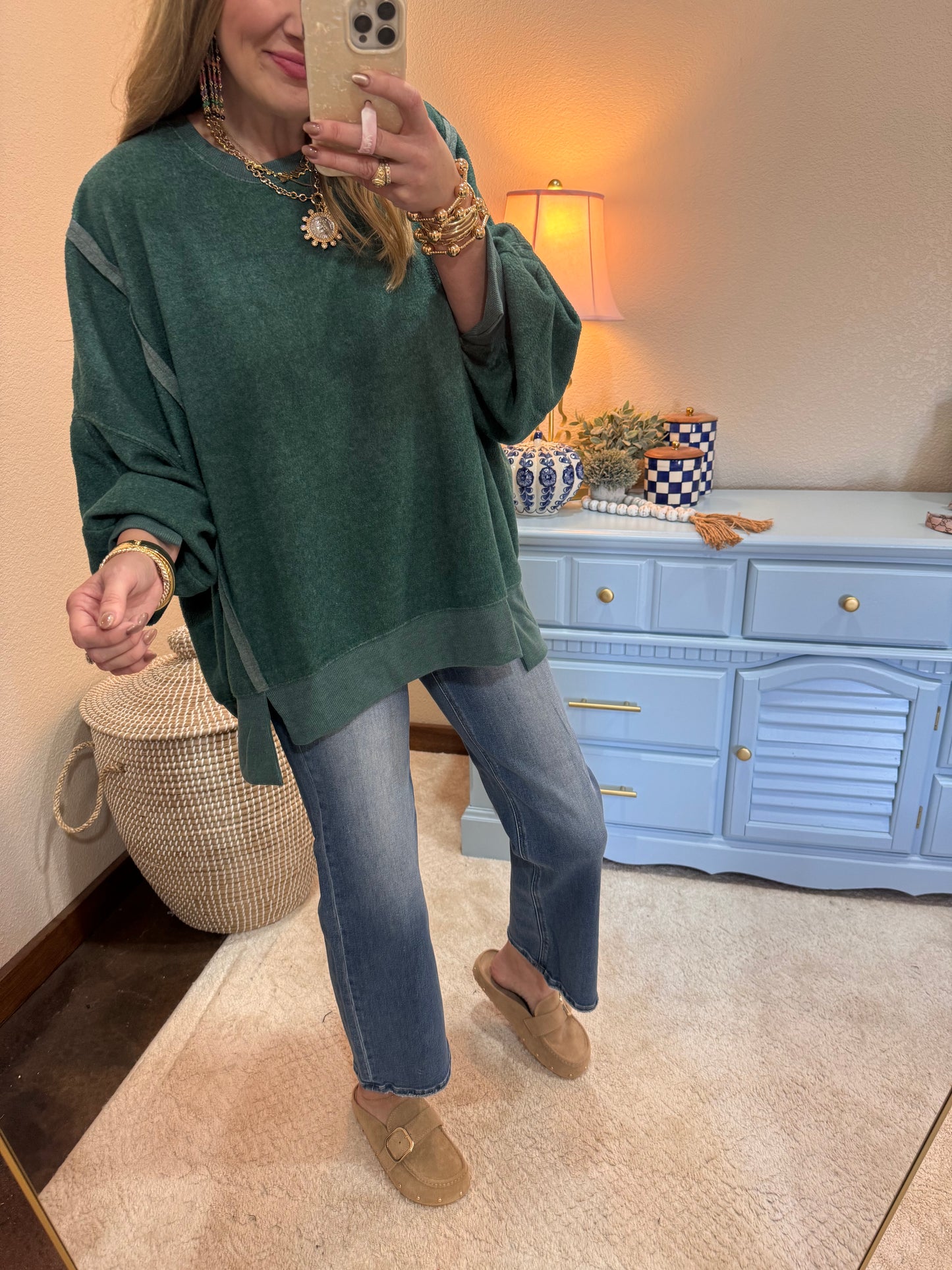 Green Fleece Split Hem Pullover