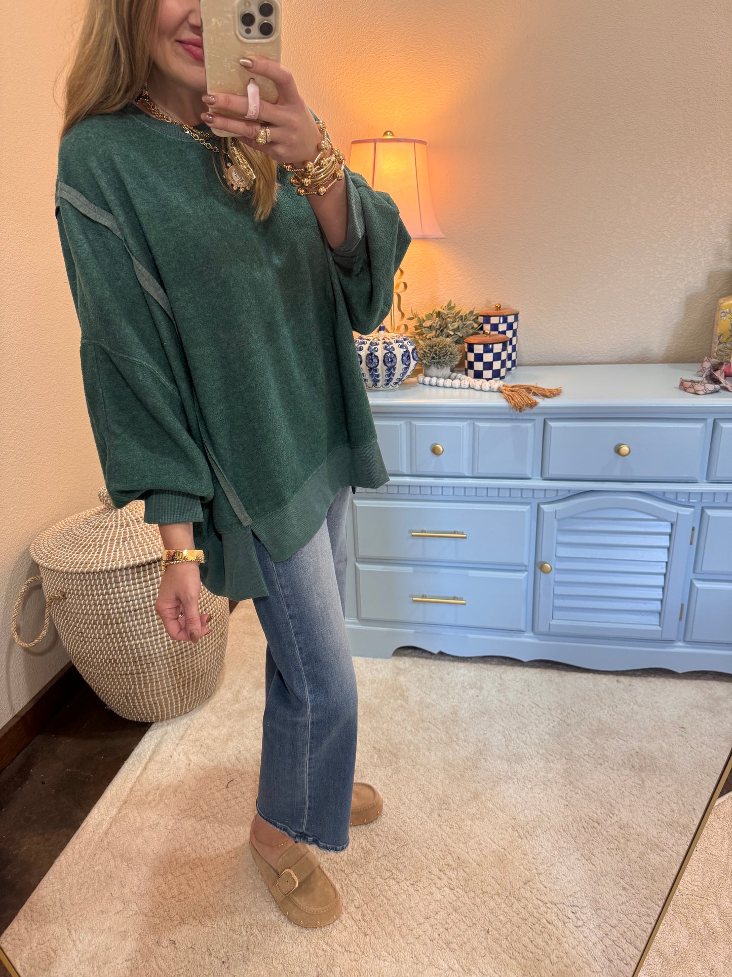 Green Fleece Split Hem Pullover