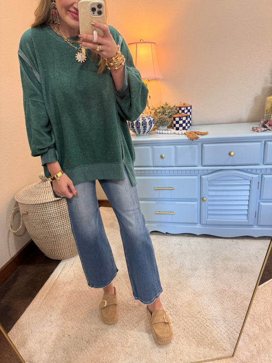 Green Fleece Split Hem Pullover