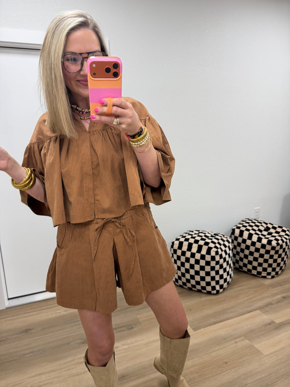 Camel Swing Cape Stripe Two Piece Short Set