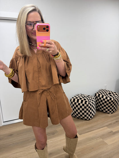 Camel Swing Cape Stripe Two Piece Short Set