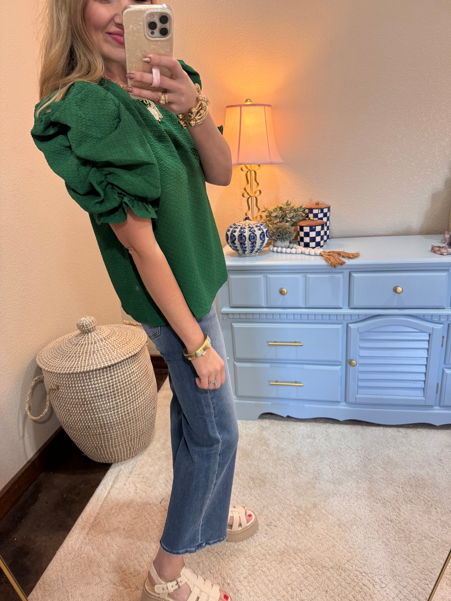 Green Ruched Puff Sleeve Textured Knit Top