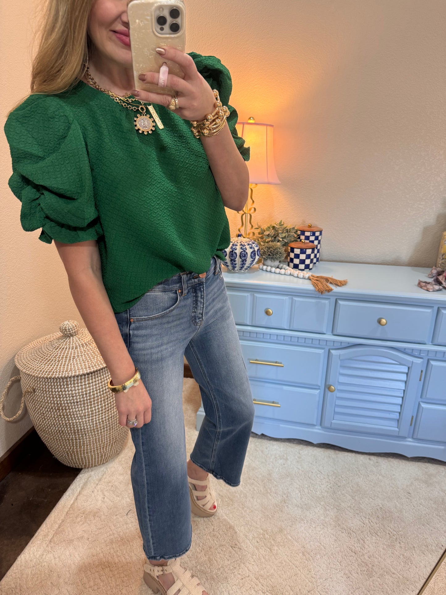 Green Ruched Puff Sleeve Textured Knit Top