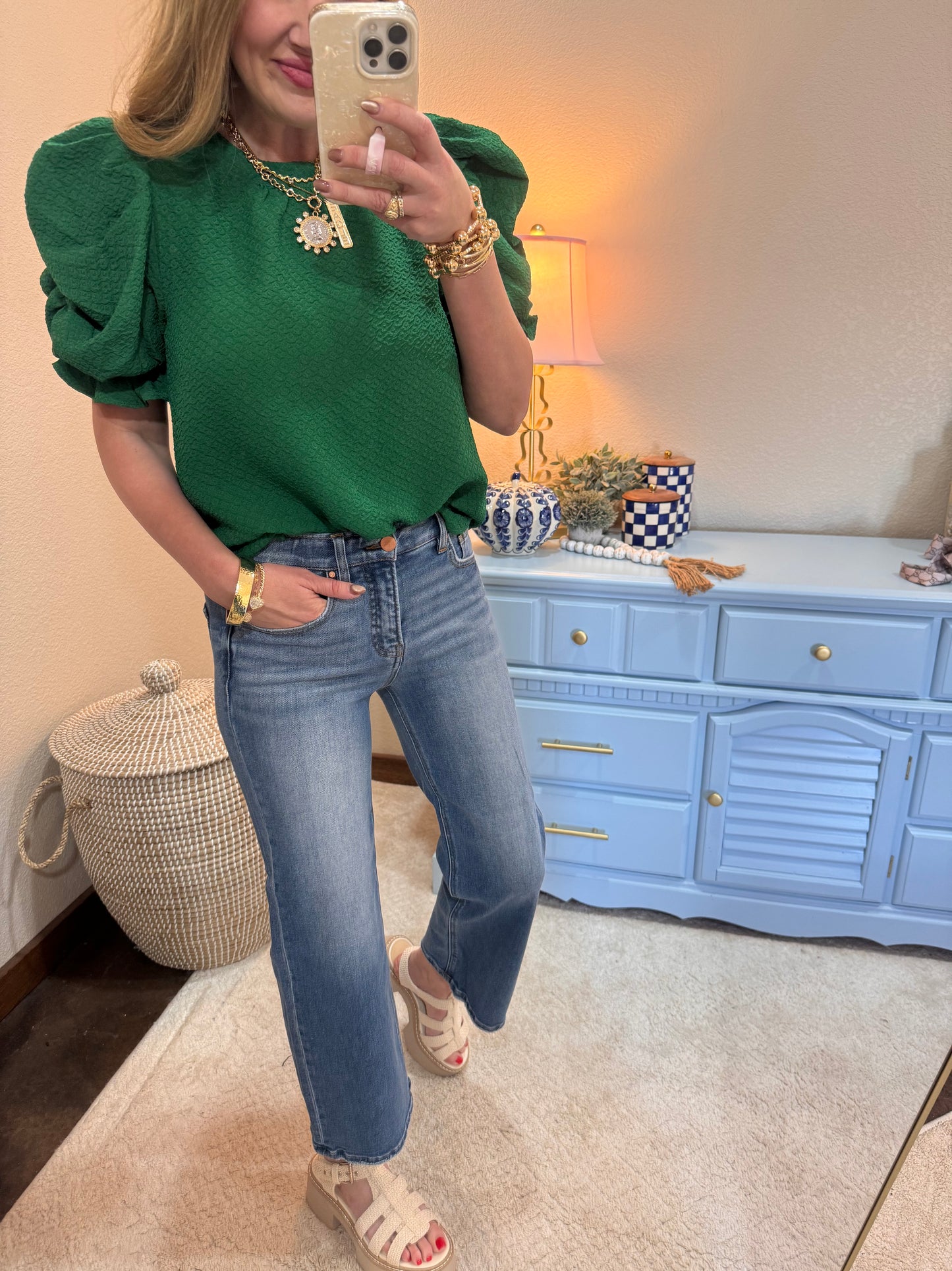 Green Ruched Puff Sleeve Textured Knit Top