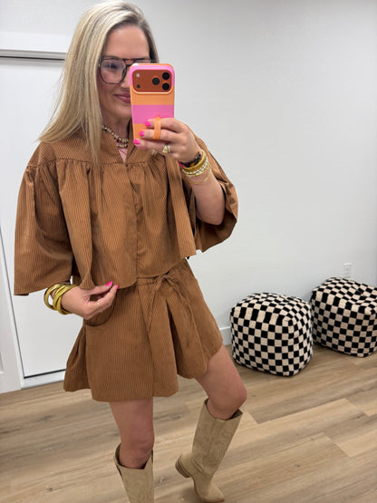 Camel Swing Cape Stripe Two Piece Short Set