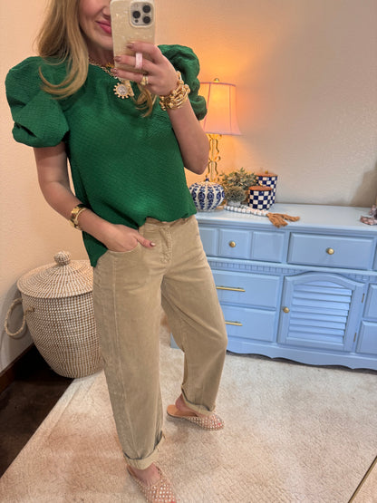 Green Ruched Puff Sleeve Textured Knit Top