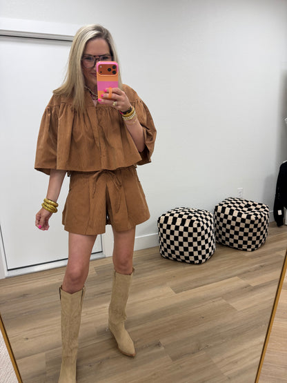 Camel Swing Cape Stripe Two Piece Short Set