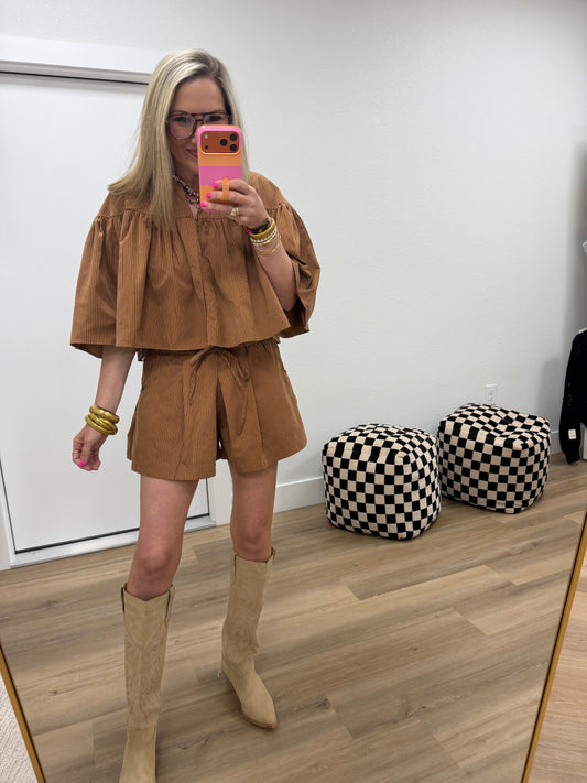 Camel Swing Cape Stripe Two Piece Short Set