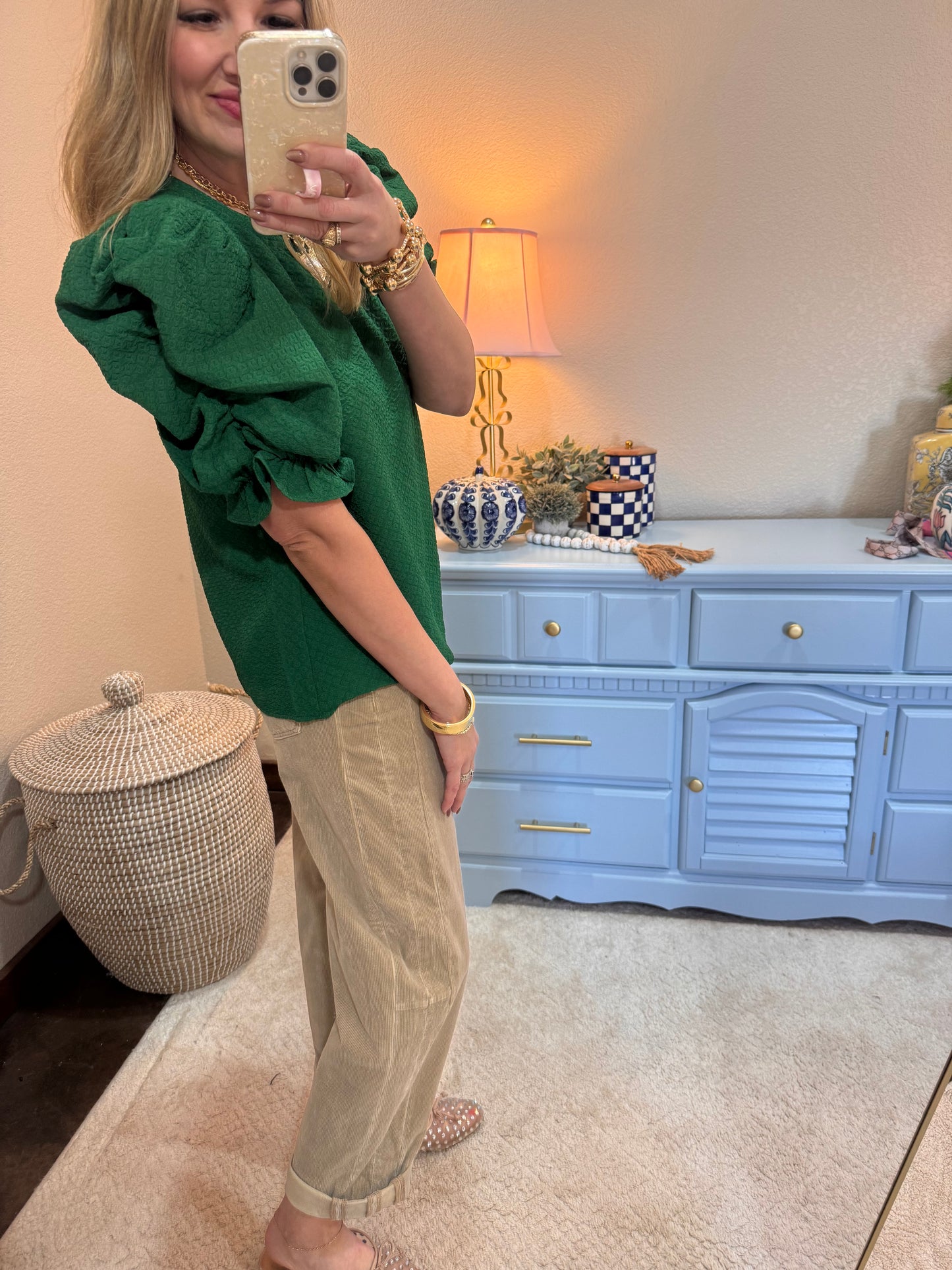 Green Ruched Puff Sleeve Textured Knit Top