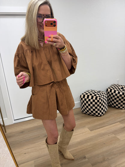 Camel Swing Cape Stripe Two Piece Short Set