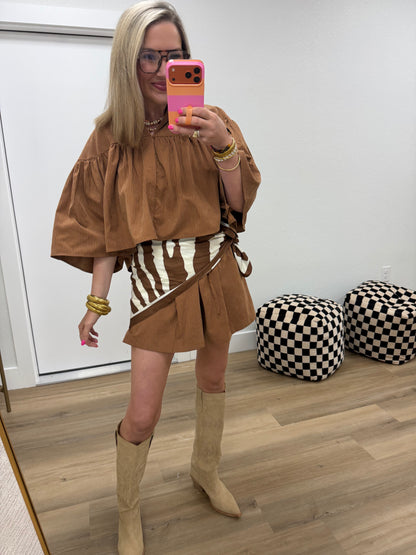 Camel Swing Cape Stripe Two Piece Short Set