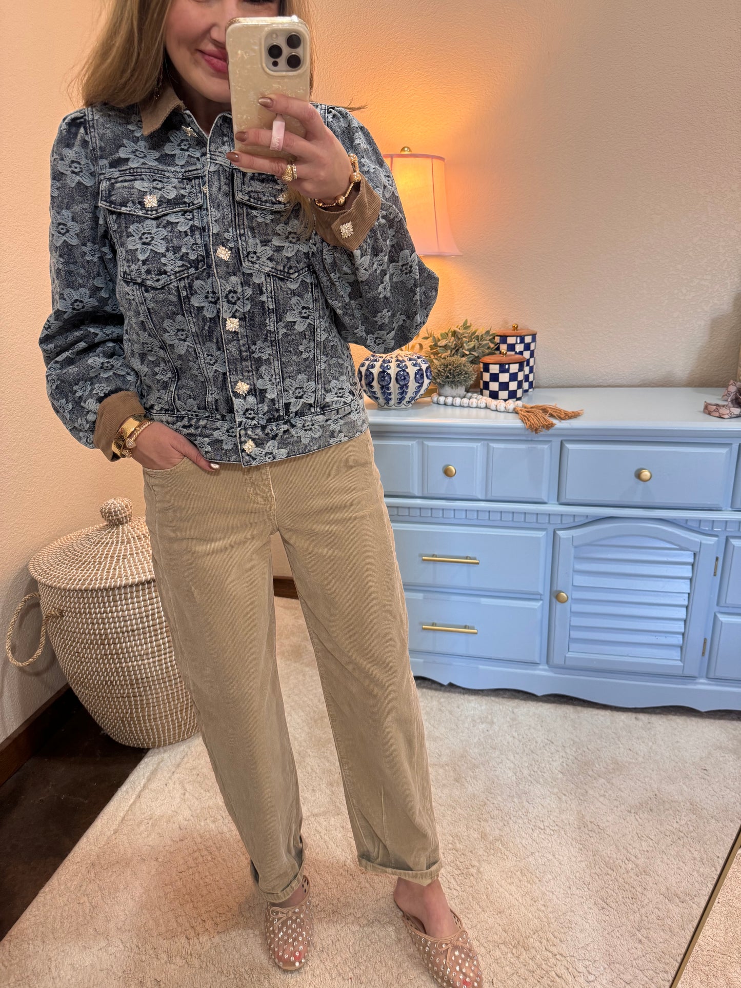 Big Rhinestone Buttoned Floral Denim Barn Jacket