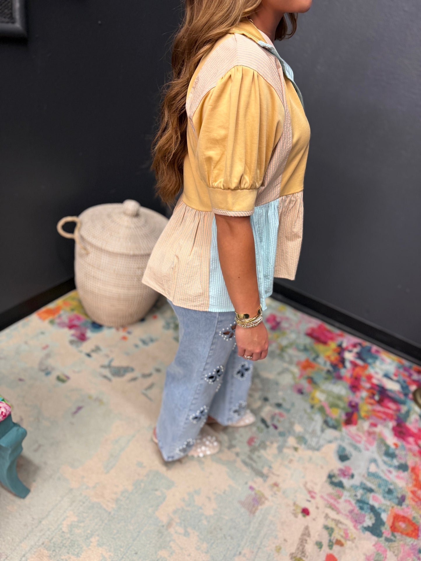 Tan Snap Button Mixed Color Block Peplum Top