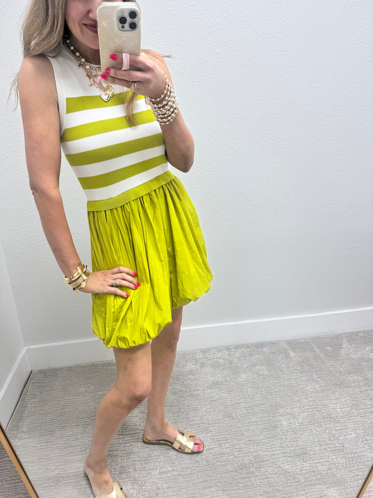 White and Lime Striped Bubble Dress