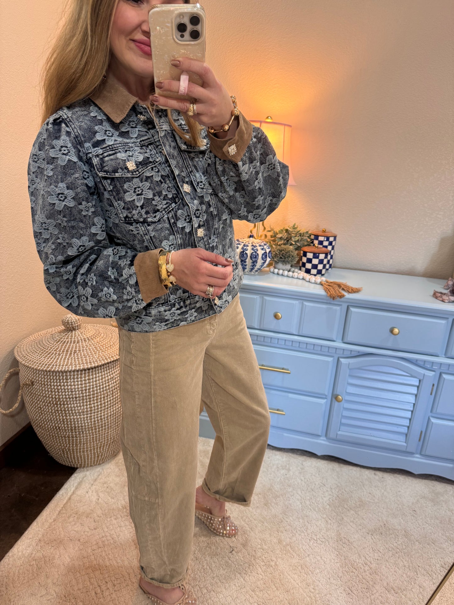 Big Rhinestone Buttoned Floral Denim Barn Jacket