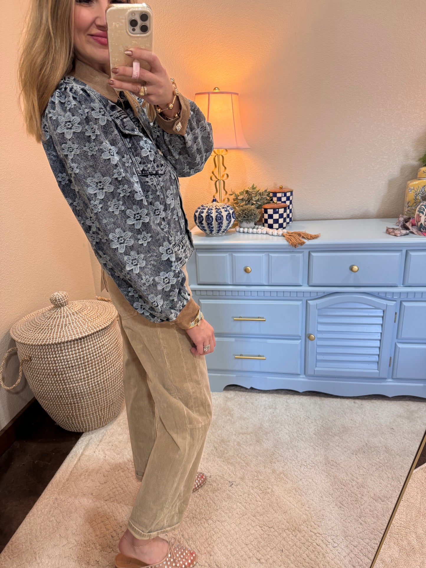 Big Rhinestone Buttoned Floral Denim Barn Jacket