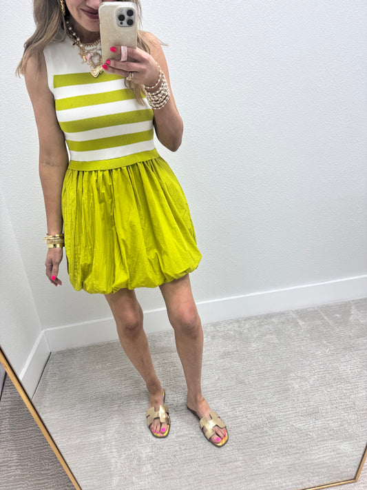 White and Lime Striped Bubble Dress