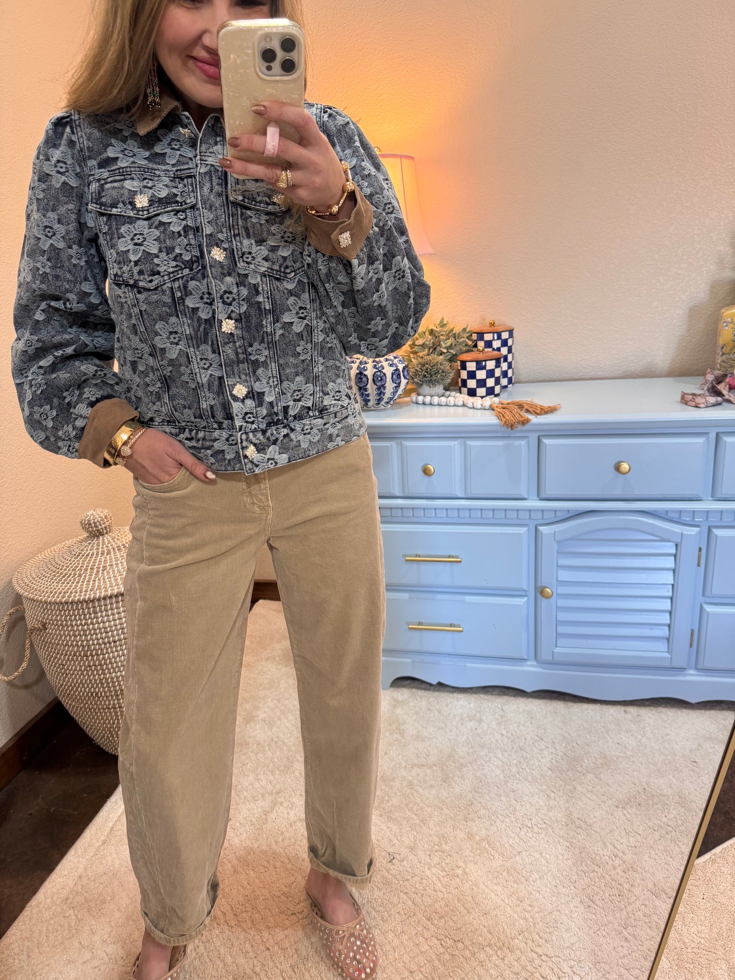 Big Rhinestone Buttoned Floral Denim Barn Jacket