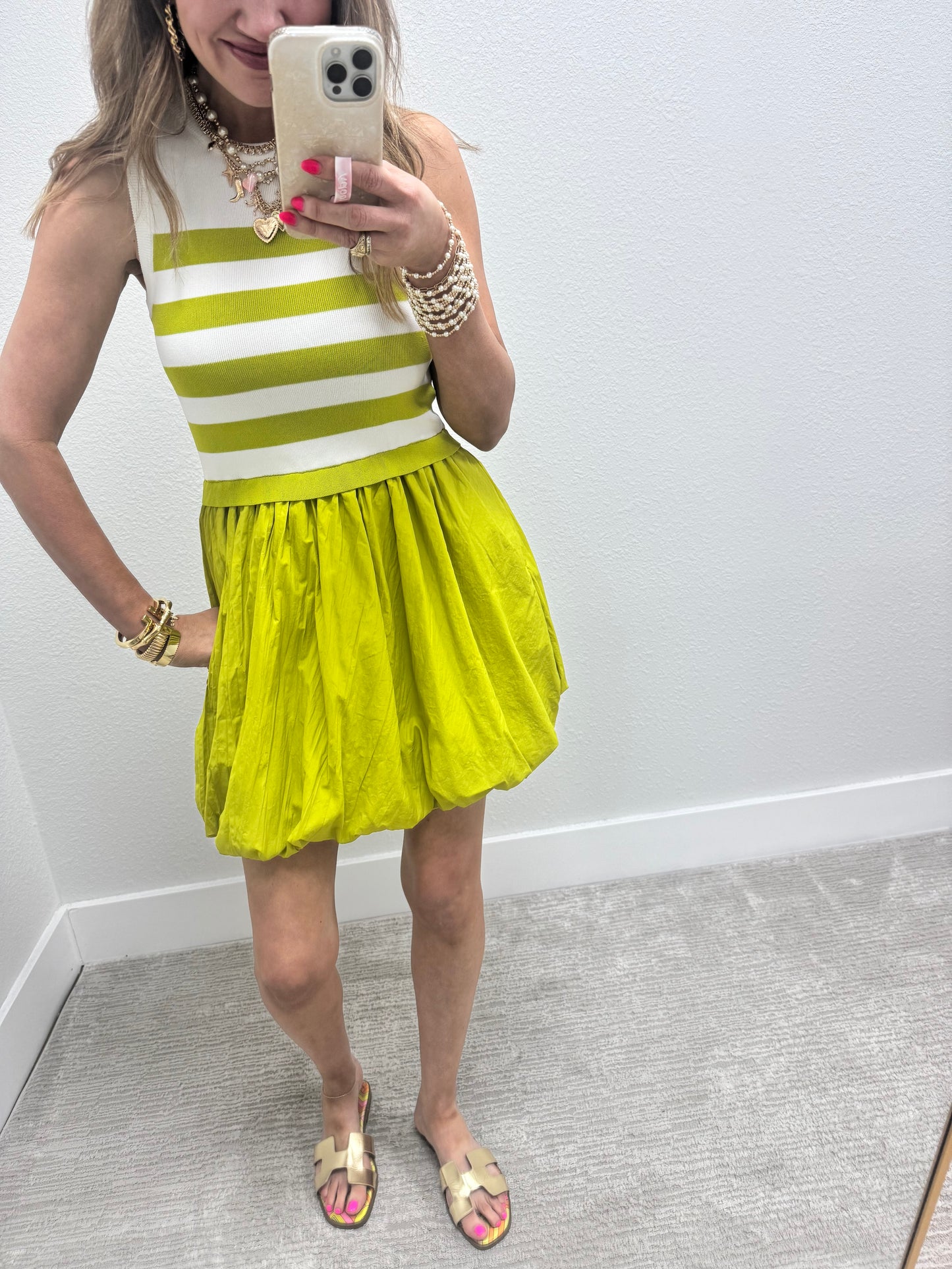 White and Lime Striped Bubble Dress