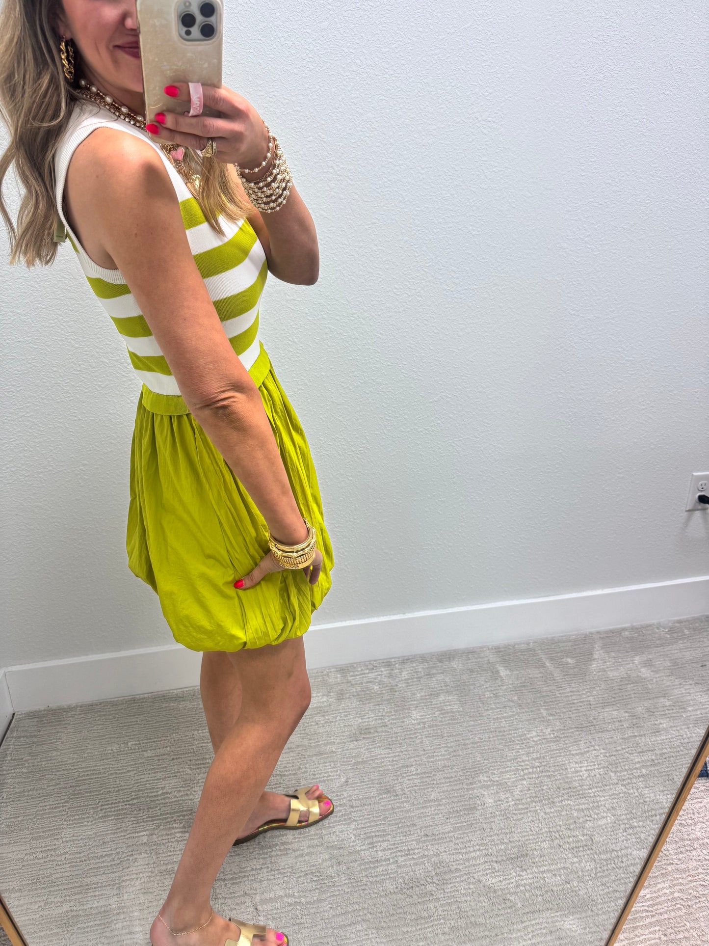 White and Lime Striped Bubble Dress