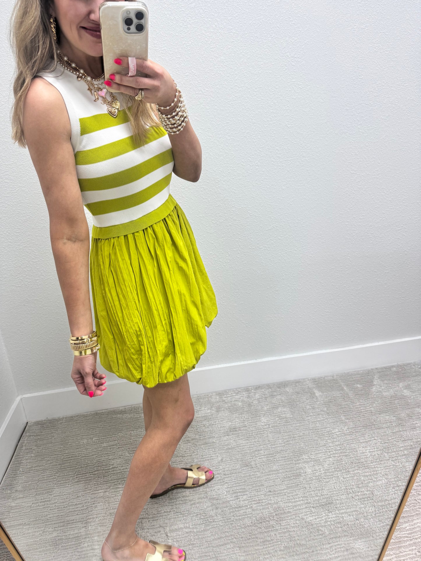 White and Lime Striped Bubble Dress