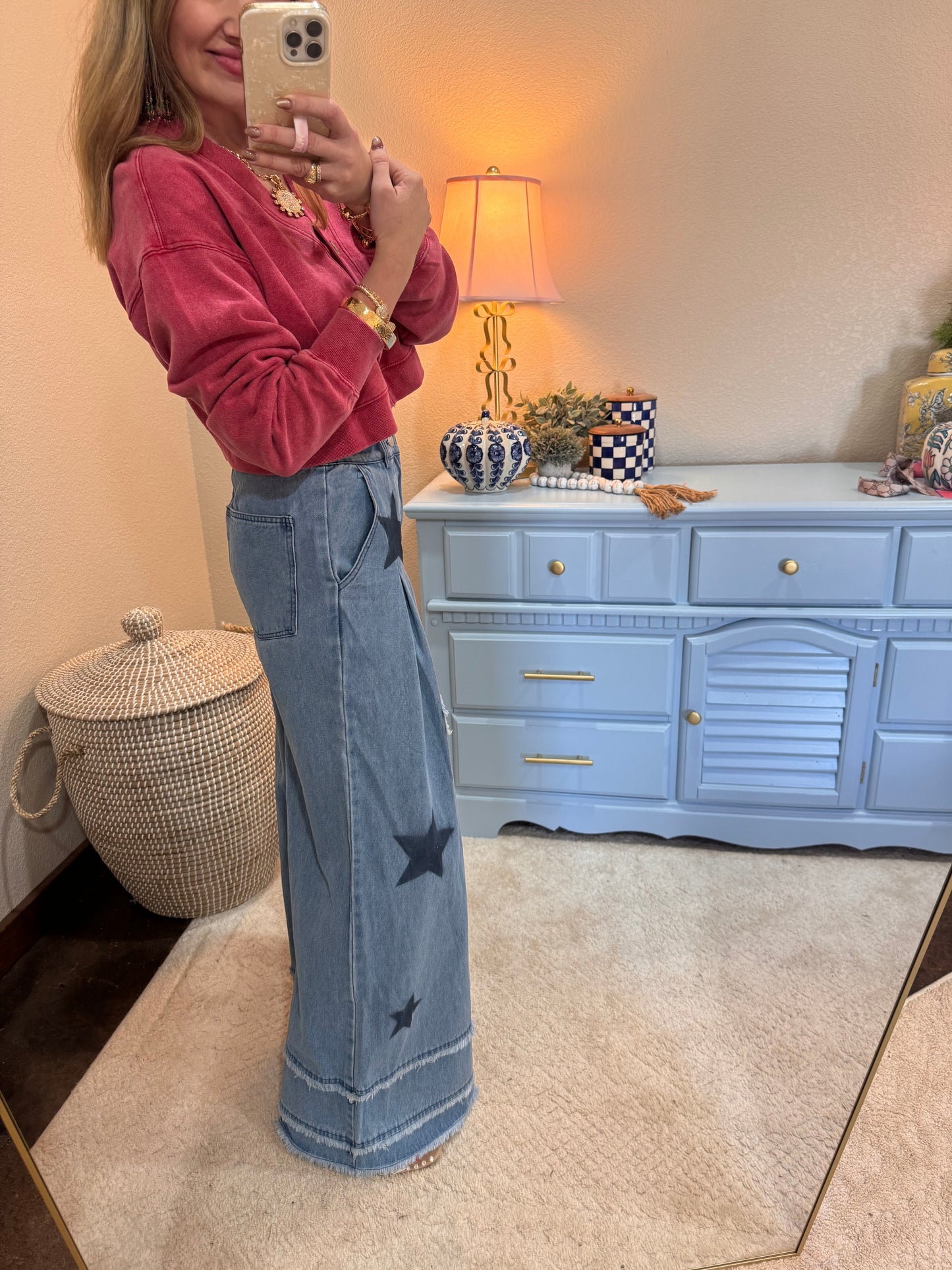 Mineral Washed Denim Star Patchwork Wide Pants Frayed Detail