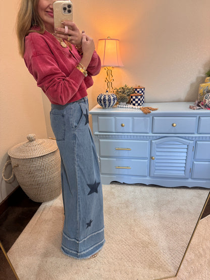 Mineral Washed Denim Star Patchwork Wide Pants Frayed Detail