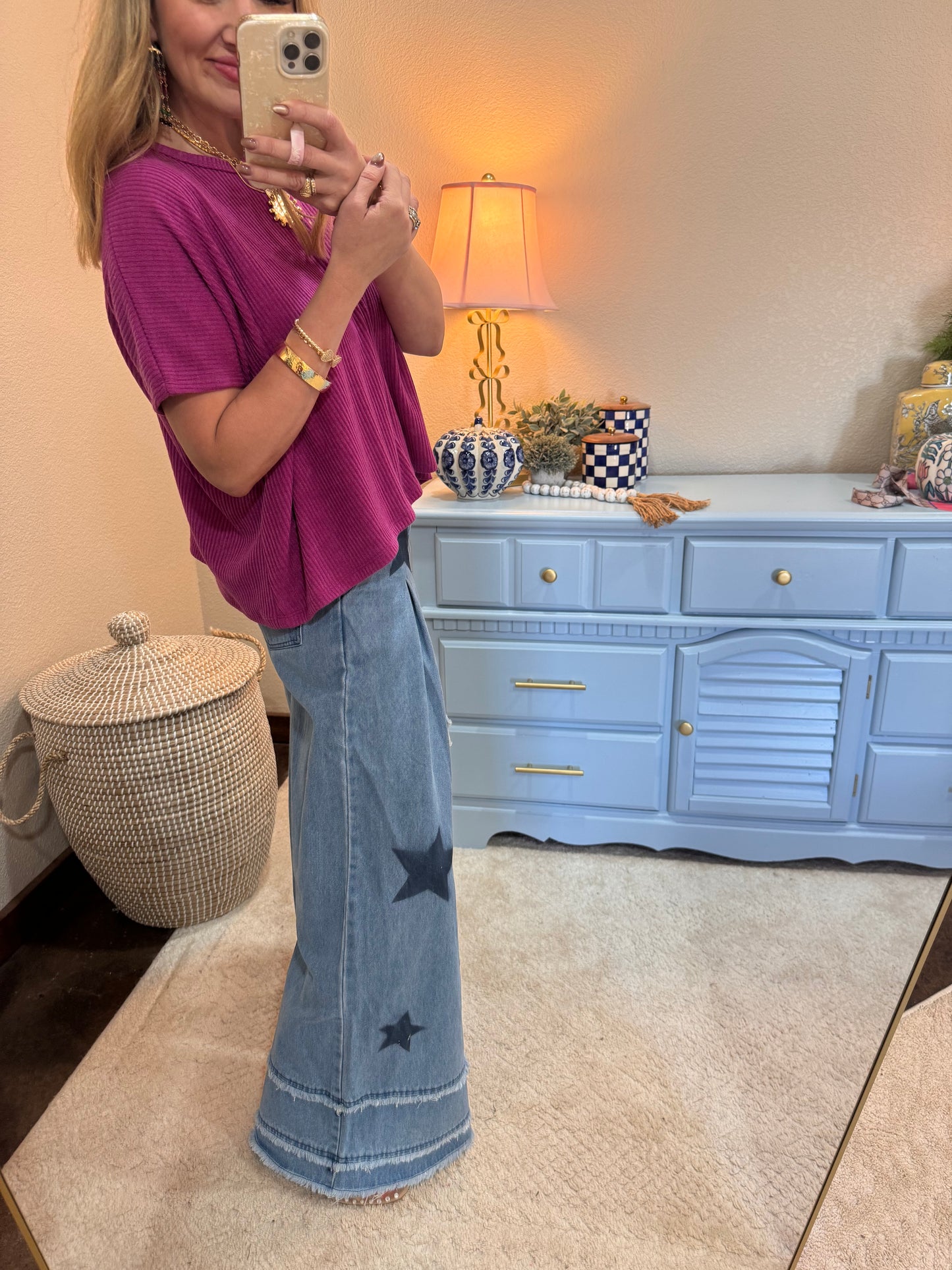 Mineral Washed Denim Star Patchwork Wide Pants Frayed Detail