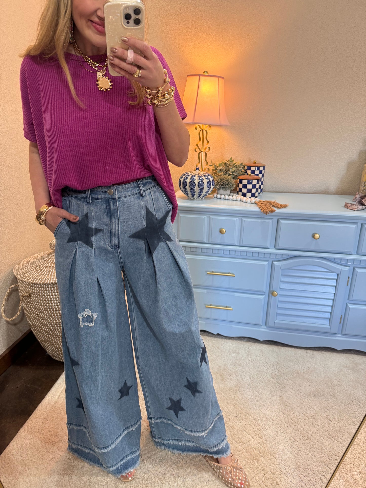 Mineral Washed Denim Star Patchwork Wide Pants Frayed Detail