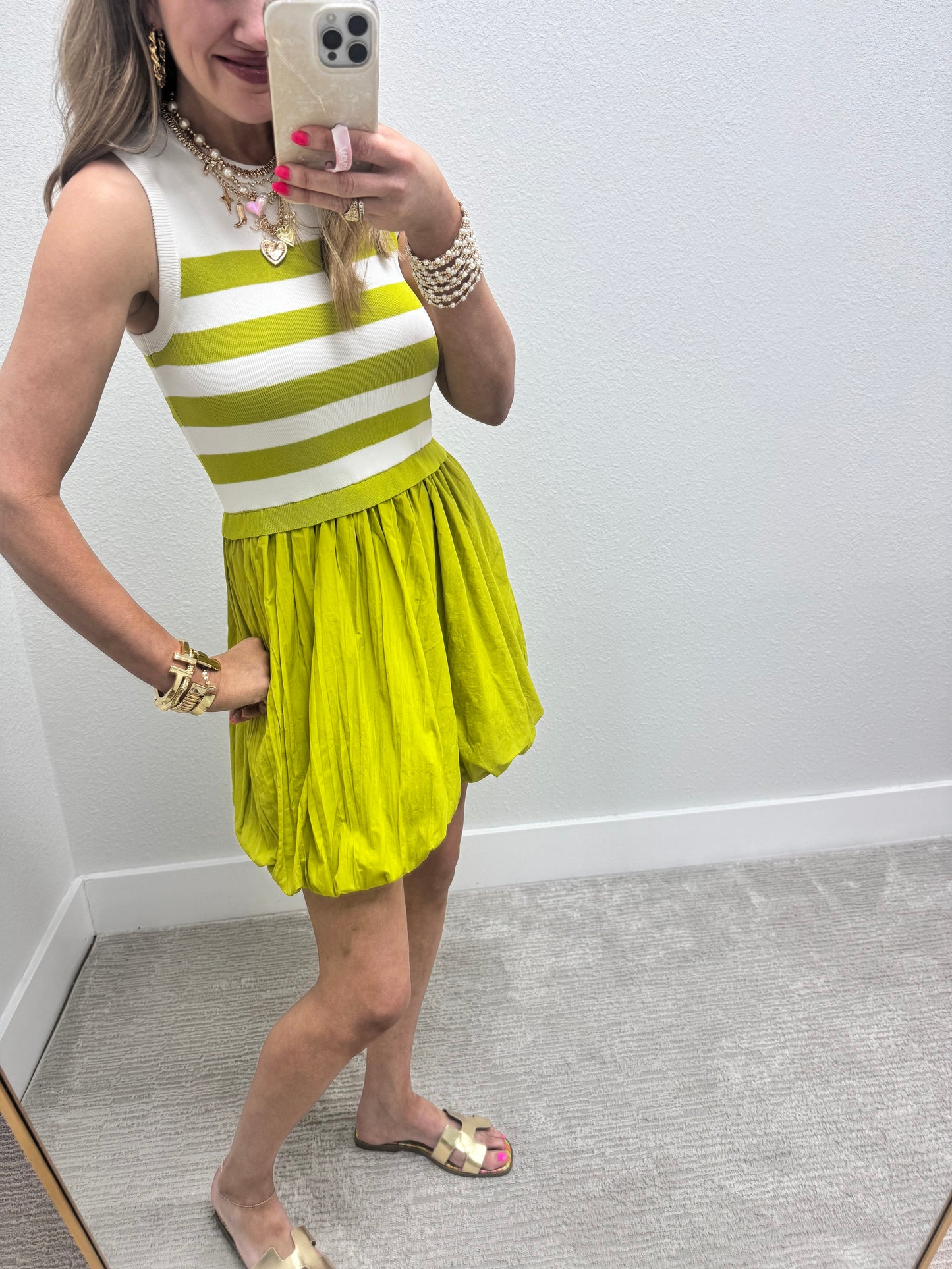White and Lime Striped Bubble Dress