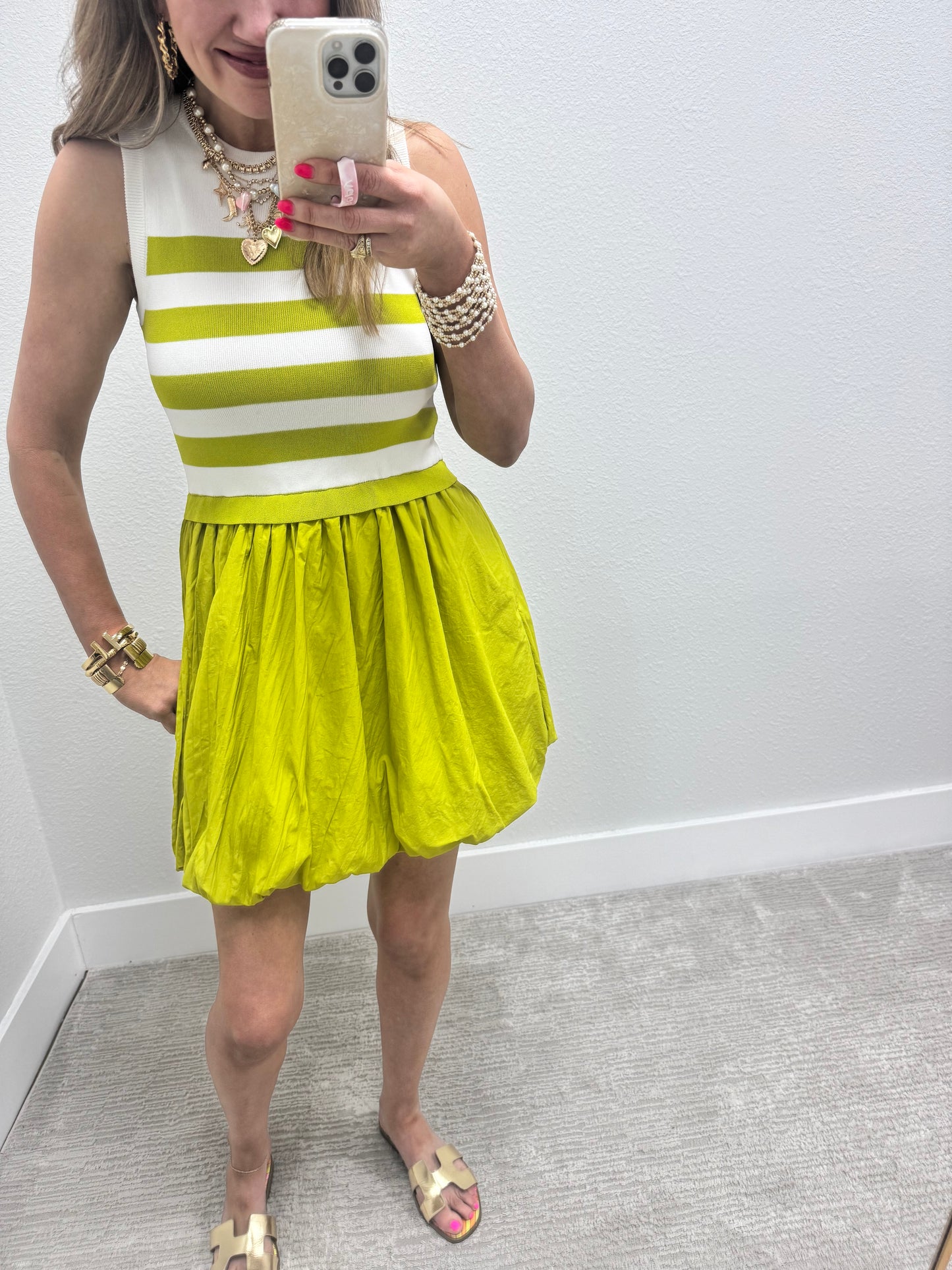 White and Lime Striped Bubble Dress