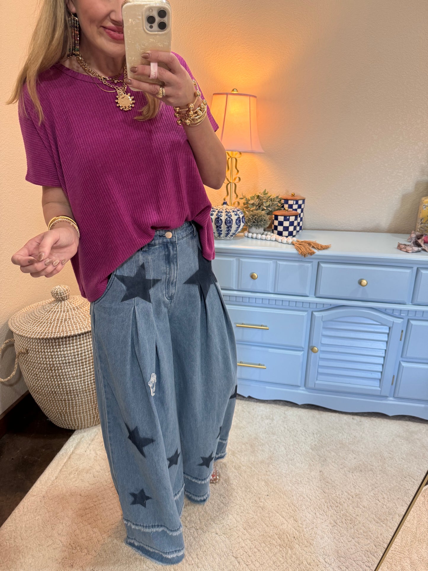 Mineral Washed Denim Star Patchwork Wide Pants Frayed Detail