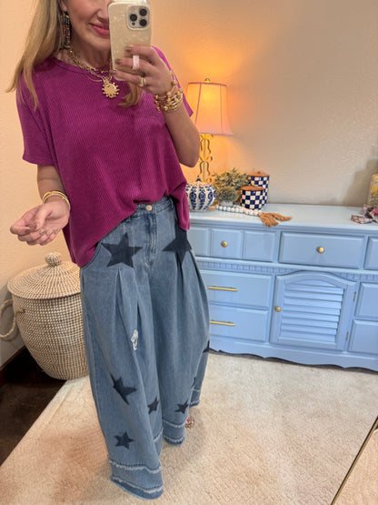Mineral Washed Denim Star Patchwork Wide Pants Frayed Detail