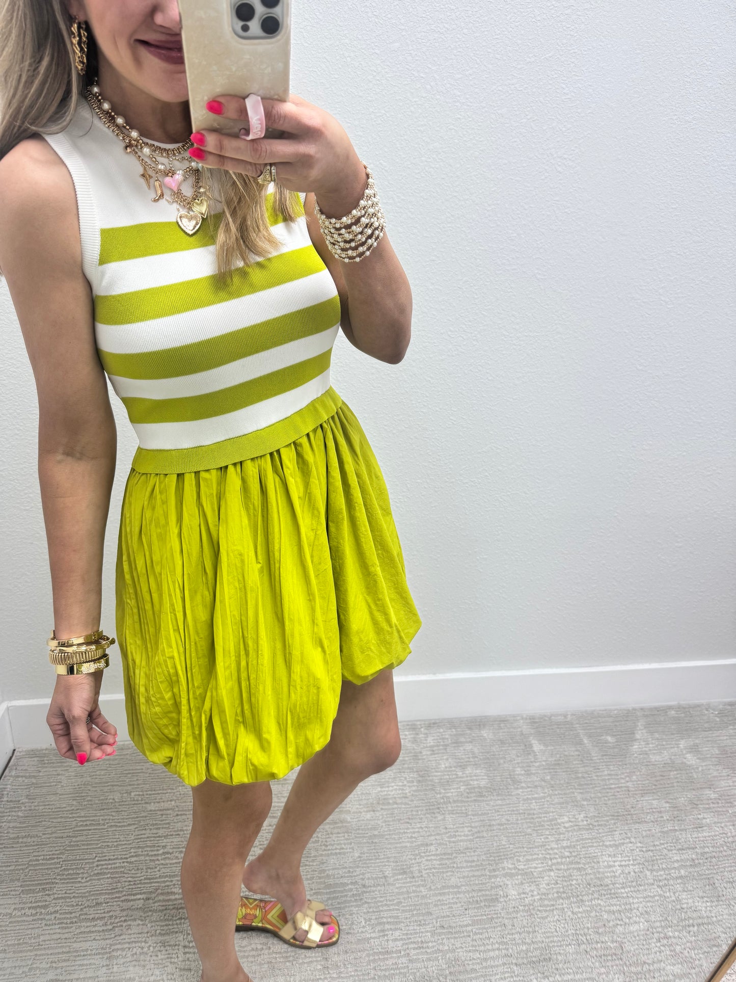 White and Lime Striped Bubble Dress