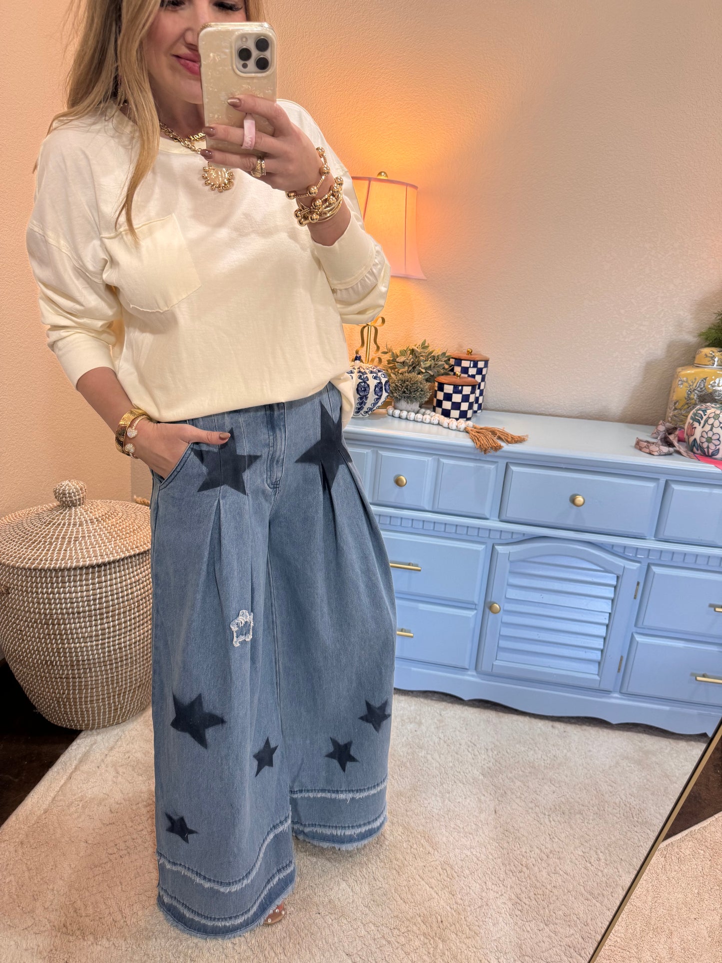 Mineral Washed Denim Star Patchwork Wide Pants Frayed Detail