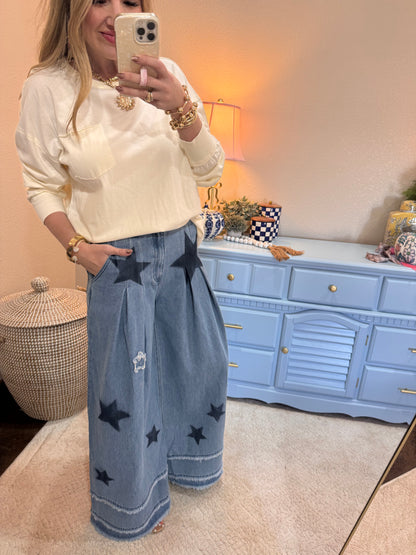 Mineral Washed Denim Star Patchwork Wide Pants Frayed Detail