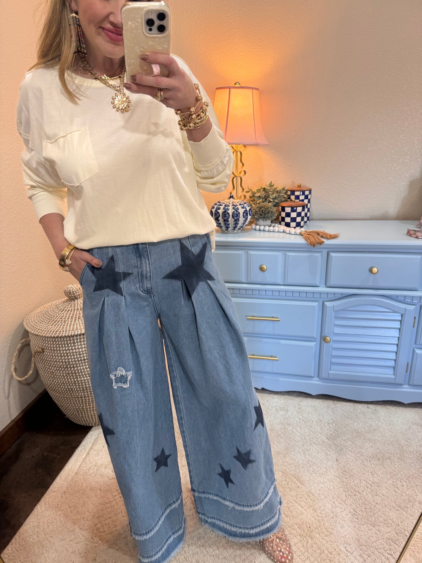 Mineral Washed Denim Star Patchwork Wide Pants Frayed Detail