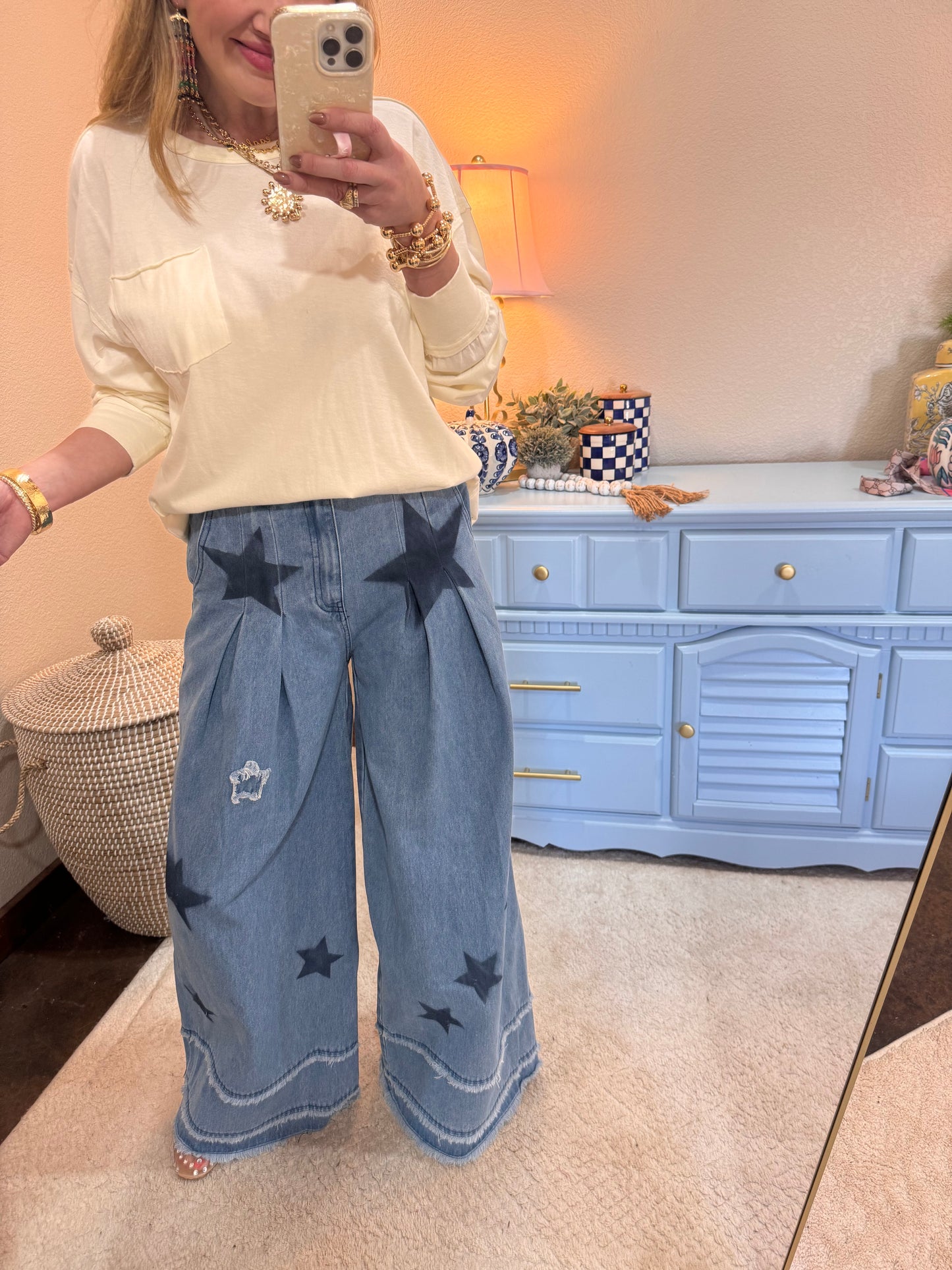 Mineral Washed Denim Star Patchwork Wide Pants Frayed Detail