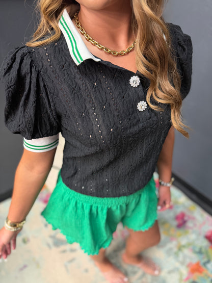 Black Puff Sleeve Lace Knit Top