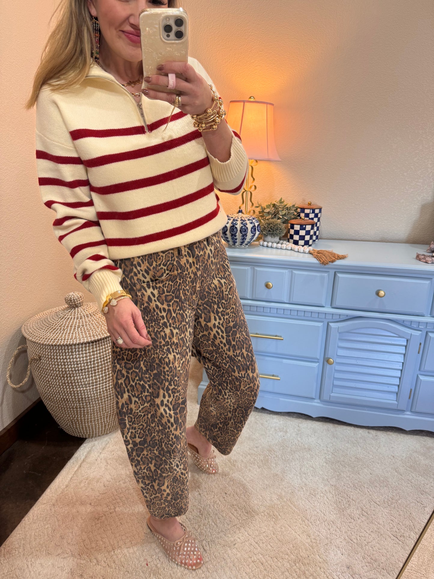 Red & Cream Half Zip Sweater