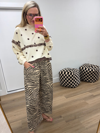 Zebra Brown & Beige Print Pull-on Barrel Leg Pants