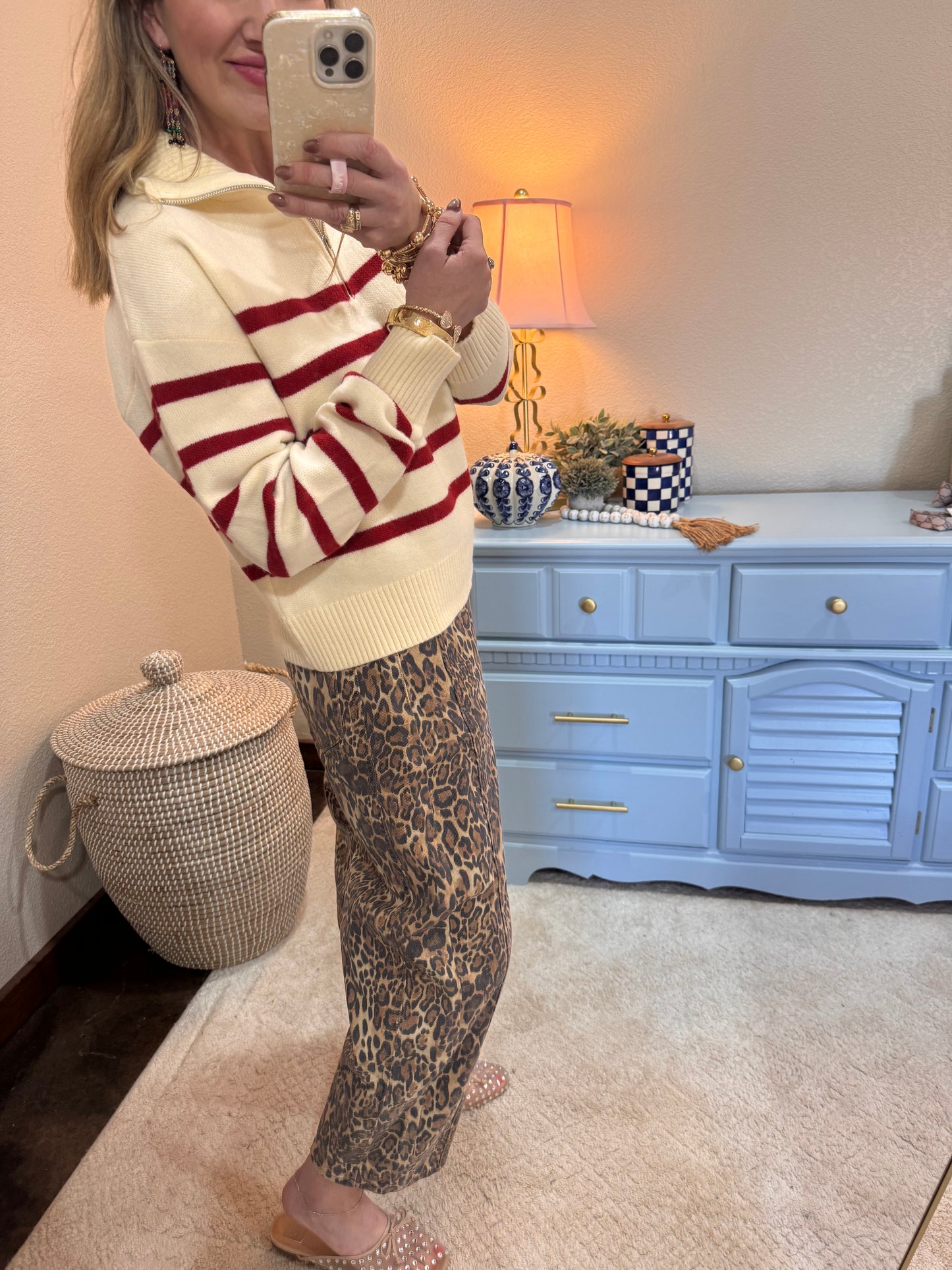 Red & Cream Half Zip Sweater